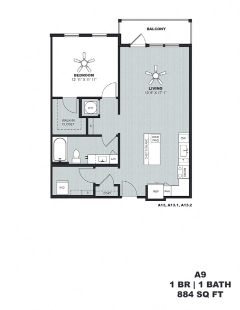 Floor plan for 1 bed, 1 bath, 884 sqft